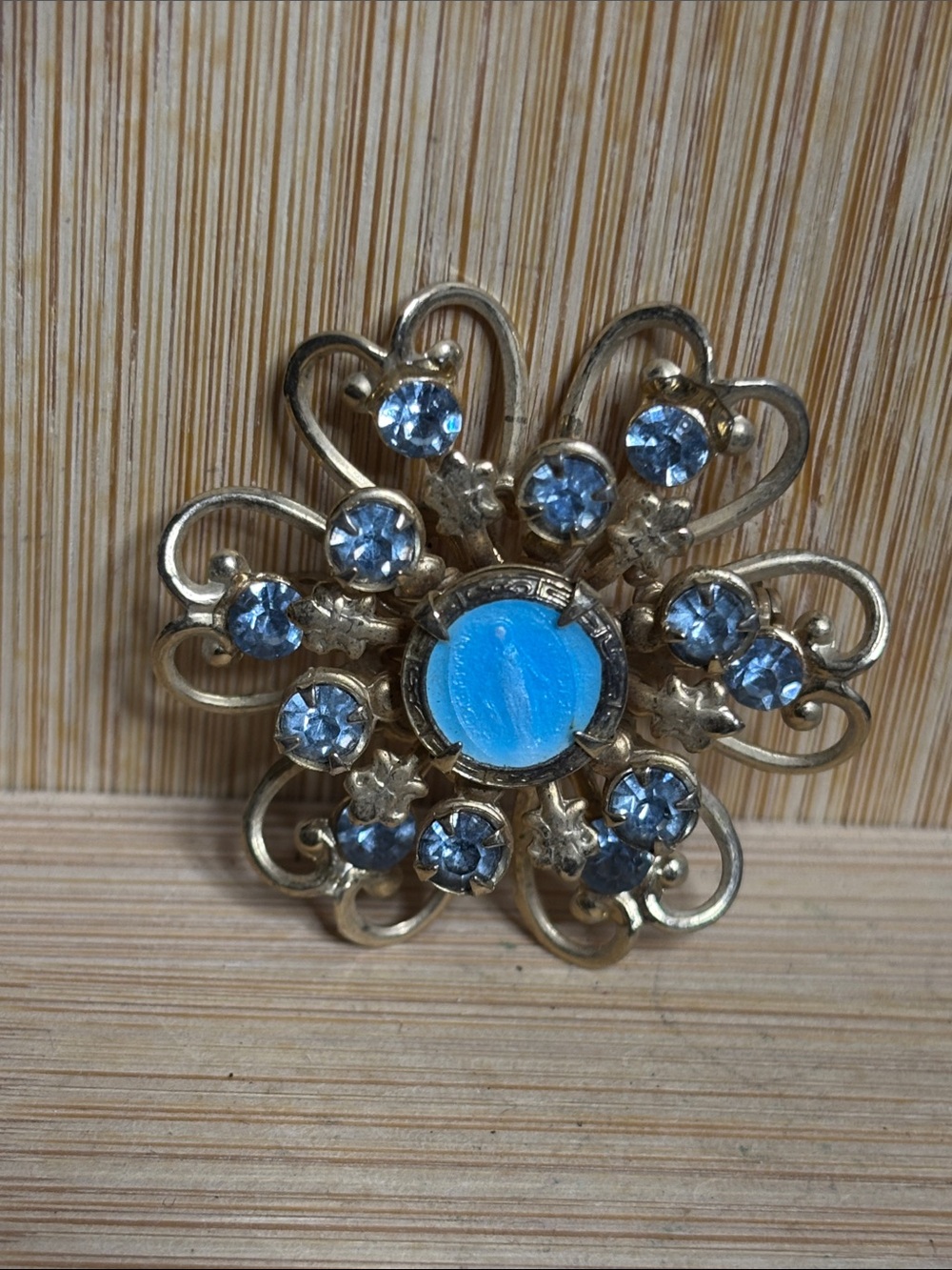 Vintage Religious Blue Crystal Flower Brooch Pin